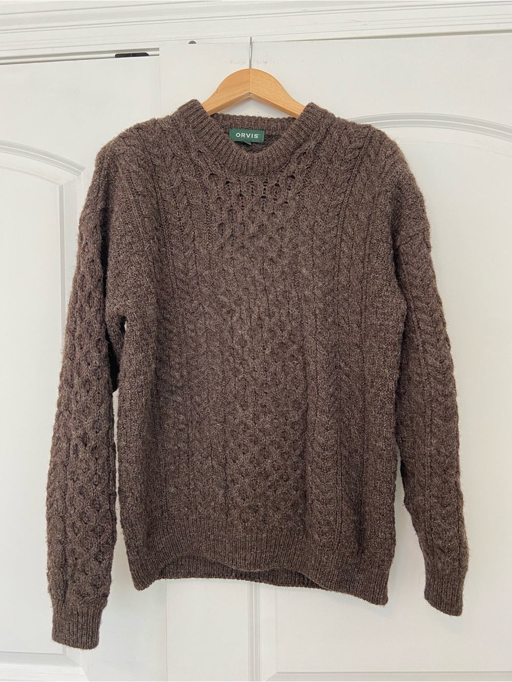 Vintage Orvis 100% Wool Fisherman Sweater M Made in Ireland Cable Knit Brown 90s